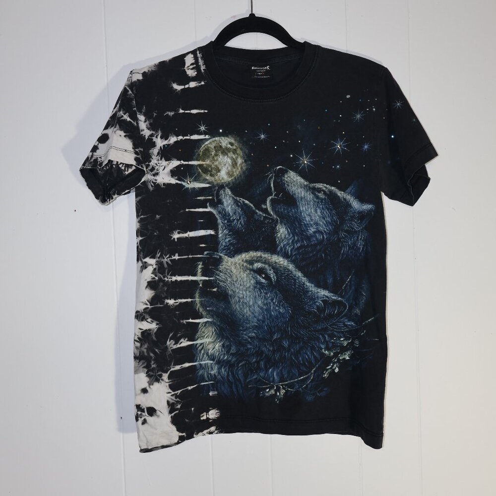 Survivor S Wolf Graphic T-Shirt – Black Tie-Dye (Unisex, Men’s S)